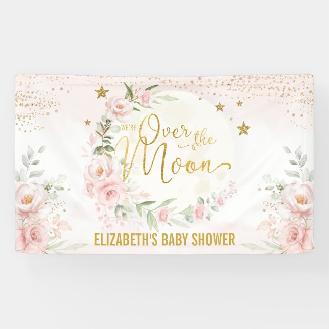 Dreamy Moon Blush Pink Floral Baby Girl Welcome Banner (Horizontal)