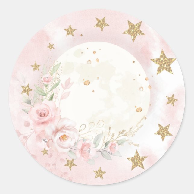 Dreamy Moon Blush Pink Gold Floral Greenery Baby Classic Round Sticker (Front)