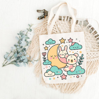 Dreamy Moon Bunny and Bear Tote Bag