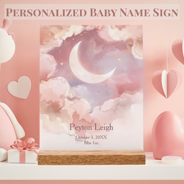 Dreamy Moon & Clouds Personalised Nursery Acrylic Sign (Personalized celestial nursery sign with moon, clouds & stars in soft pink watercolor tones)