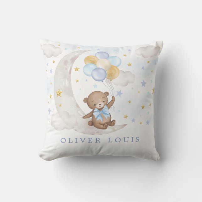Dreamy Moon Teddy Bear Blue Gold Balloons Baby Boy Cushion (Front)