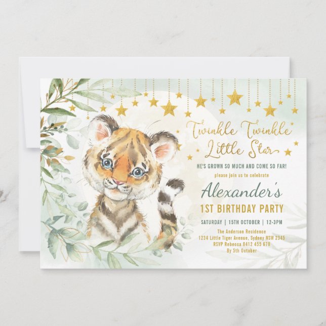 Dreamy Moon Tiger Twinkle Little Star 1st Birthday Invitation (Front)