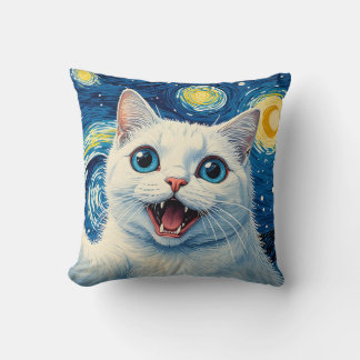 Dreamy Moonlight Starry Night White Cat Pillow