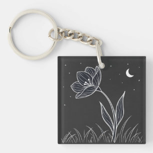 Dreamy Moonlit Flower Line Art with Stars Key Ring