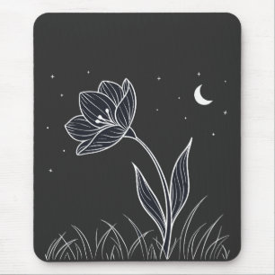 Dreamy Moonlit Flower Line Art with Stars Mouse Mat