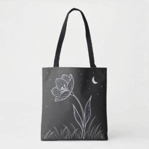 Dreamy Moonlit Flower Line Art with Stars Tote Bag