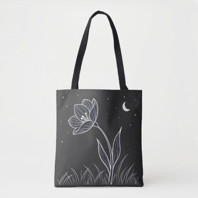 Dreamy Moonlit Flower Line Art with Stars Tote Bag (Front)