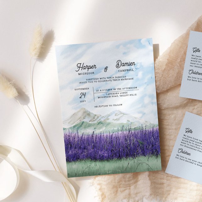 Dreamy Mountain Lavender Watercolor Wedding Invitation (Watercolor Destination Wedding Invitation from my Mountain Lavender Wedding Collection)