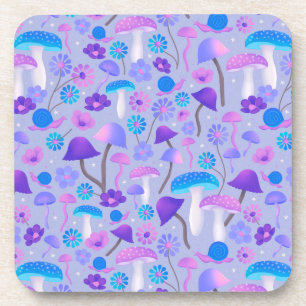 Dreamy Mushrooms Floral Woodland Purple Turquoise Coaster