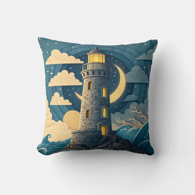 Dreamy Night Lighthouse Ocean Throw Pillow (Front)