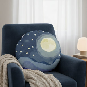 Dreamy Night Sky Full Moon Stars Watercolor Art Round Cushion