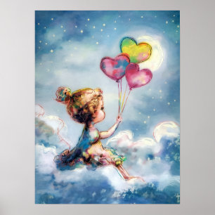 Dreamy Night Sky - Whimsical Girl with Balloons Poster