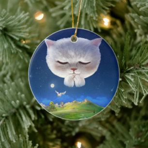 Dreamy Night Sky with Cat Ceramic Tree Decoration