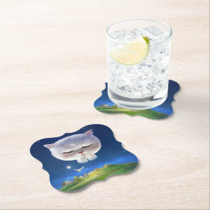 Dreamy Night Sky with Cat Paper Coaster