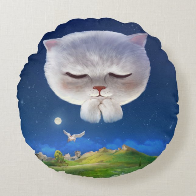 Dreamy Night Sky with Cat Round Cushion (Front)