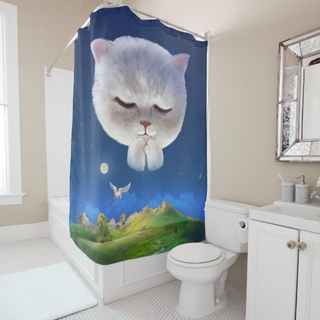 Dreamy Night Sky with Cat Shower Curtain (In Situ)