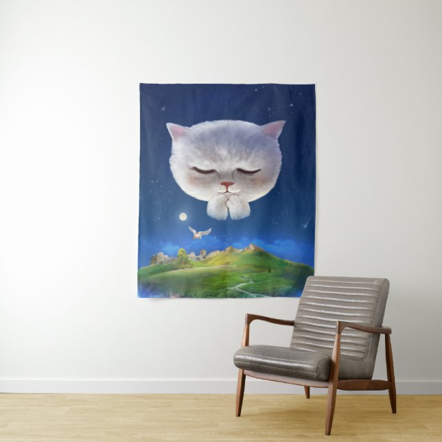 Dreamy Night Sky with Cat Tapestry (In Situ)