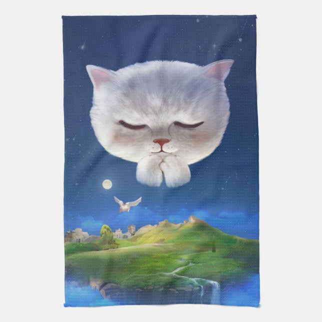 Dreamy Night Sky with Cat Tea Towel (Vertical)