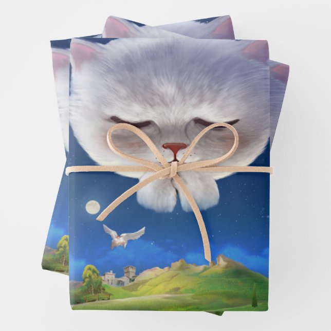Dreamy Night Sky with Cat Wrapping Paper Sheet (In situ)