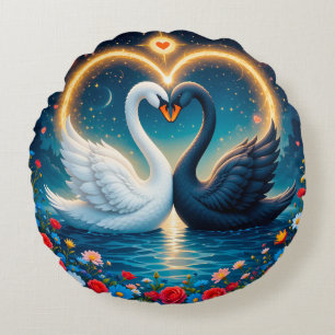 Dreamy Night Swan Surrounded by Roses and Elegance Round Cushion