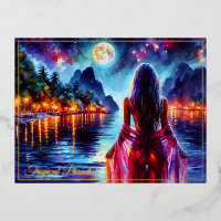 Dreamy ocean beach girl with moon and lights