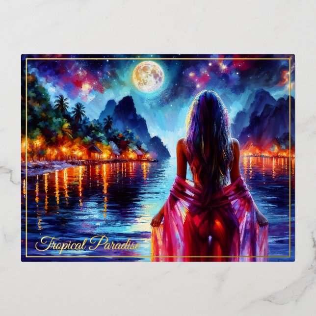 Dreamy ocean beach girl with moon and lights foil holiday postcard (Front)