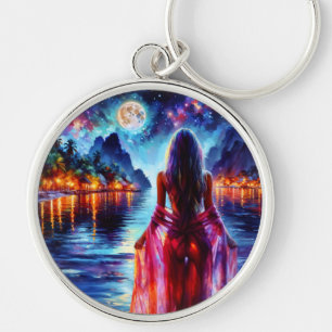 Dreamy ocean beach girl with moon and lights key ring