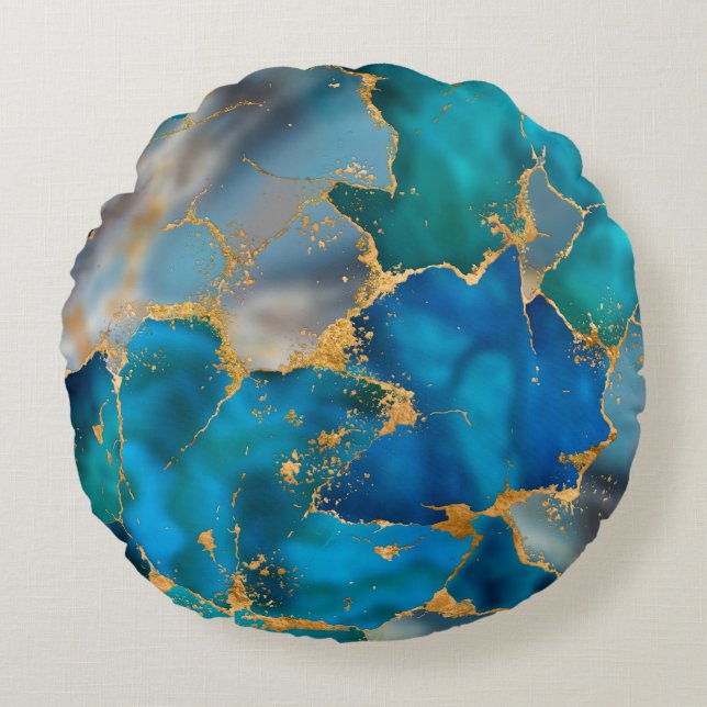 Dreamy Ocean Blue and Gold Round Cushion (Front)