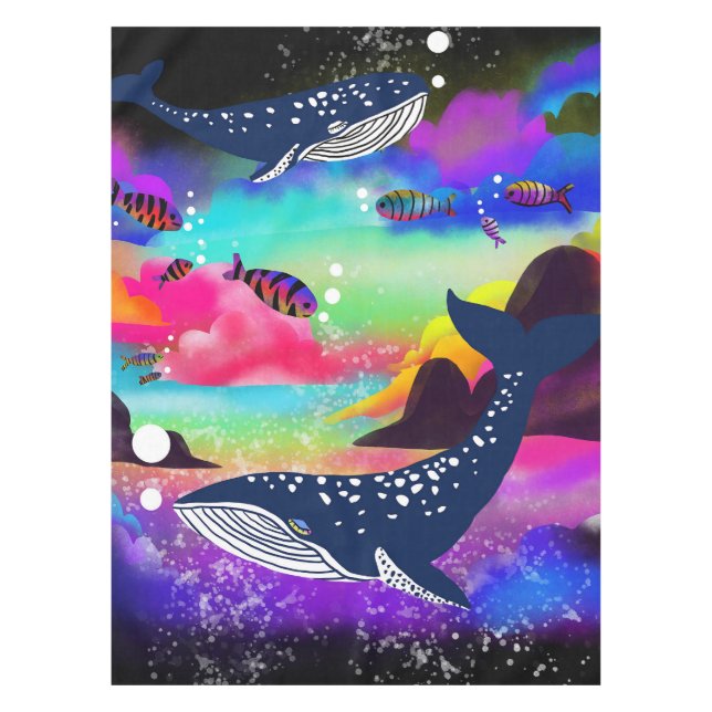 Dreamy Ocean Whales, Colourful Marine Life Tablecloth (Front)