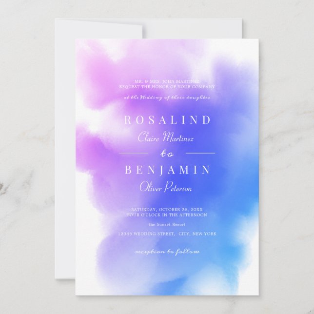Dreamy Ombre Pink Blue Watercolor Abstract Wedding Invitation (Front)