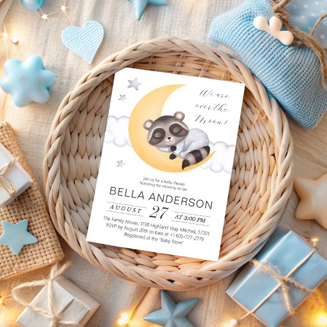 Dreamy Over the Moon Racoon Boy Baby Shower Invitation (Dreamy Over the Moon Raccoon Boy Baby Shower Invitation)