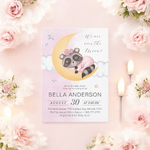 Dreamy Over the Moon Racoon Girl Baby Shower Invitation