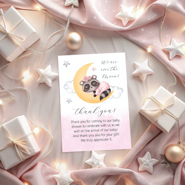 dreamy over the moon racoon girl baby shower thank you card (dreamy over the moon raccoon girl baby shower thank you card)