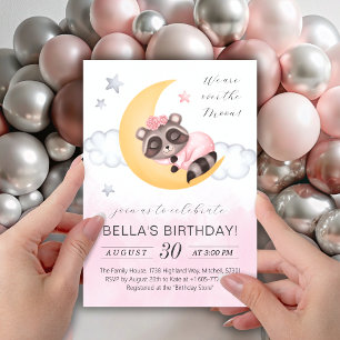 Dreamy Over the Moon Racoon Girl Birthday Invitation