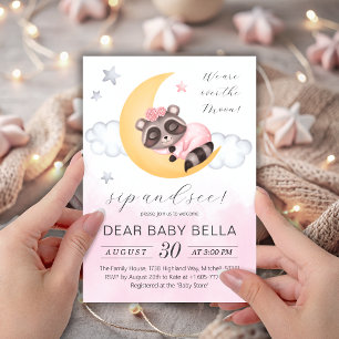 Dreamy Over the Moon Racoon Girl Sip and See Invitation