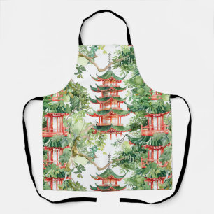 Dreamy Pagoda Forest Sage Watercolor Apron