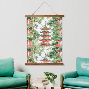 Dreamy Pagoda Forest Sage Watercolor Hanging Tapestry