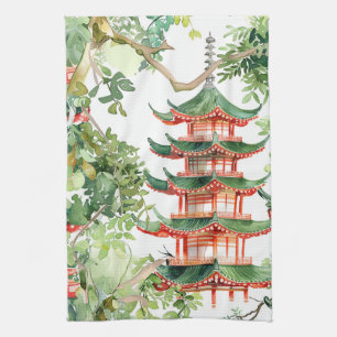 Dreamy Pagoda Forest Sage Watercolor Tea Towel
