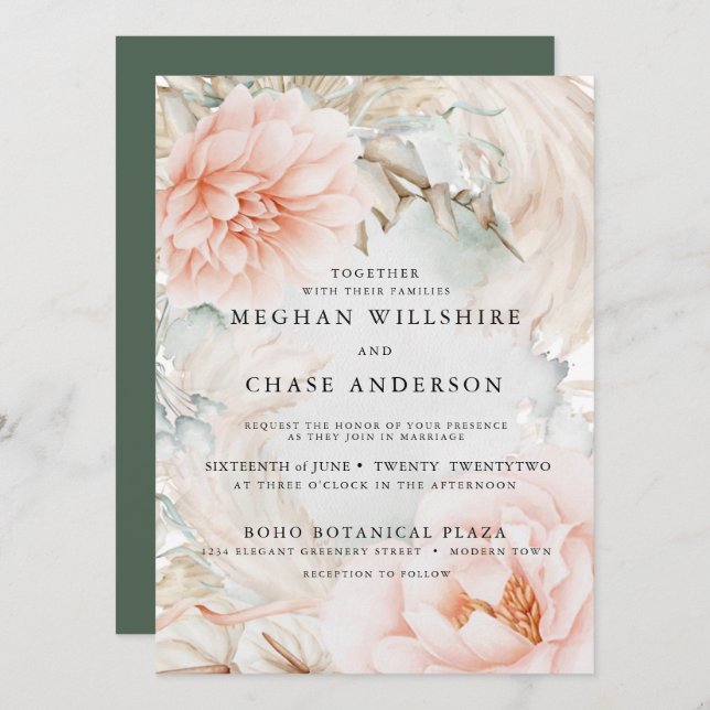 Dreamy Pale Coral Floral and Greenery Invitation (Front/Back)