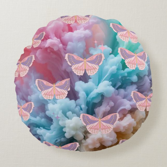Dreamy Pastel Butterfly Bliss Round Cushion (Front)