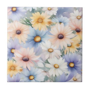 Dreamy Pastel Daisies Pattern Watercolor Tile