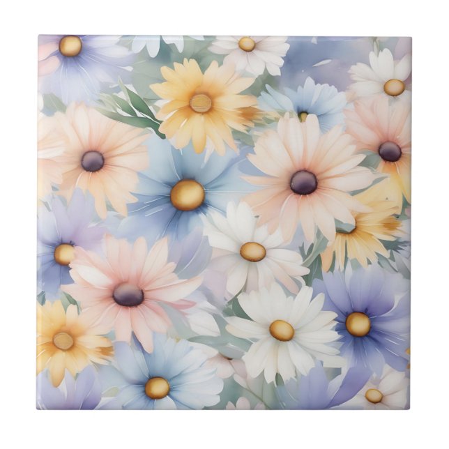 Dreamy Pastel Daisies Pattern Watercolor Tile (Front)