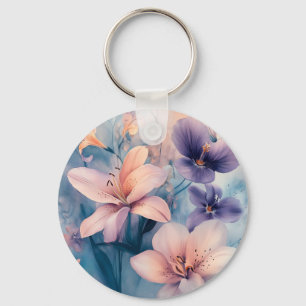 Dreamy Pastel Floral Art with Lilies and Soft Blos Key Ring
