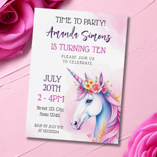 Dreamy Pastel Floral Unicorn Girl 10th Birthday Invitation