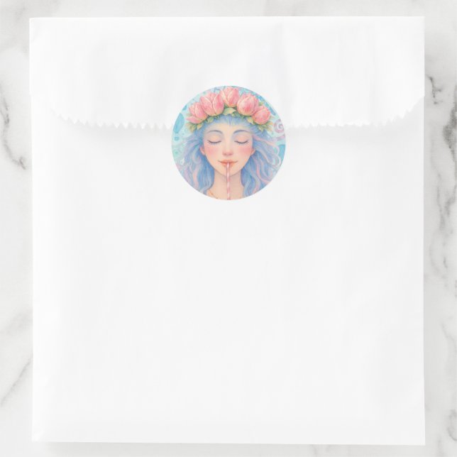 Dreamy Pastel Girl with Tulip Flower Crown Illustr Classic Round Sticker (Bag)