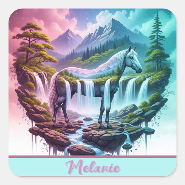 Dreamy Pastel Horse Waterfall Nature Scene Square Sticker (Front)