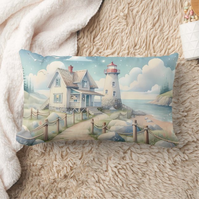 Dreamy Pastel Lighthouse by the Sea Lumbar Cushion (Blanket)