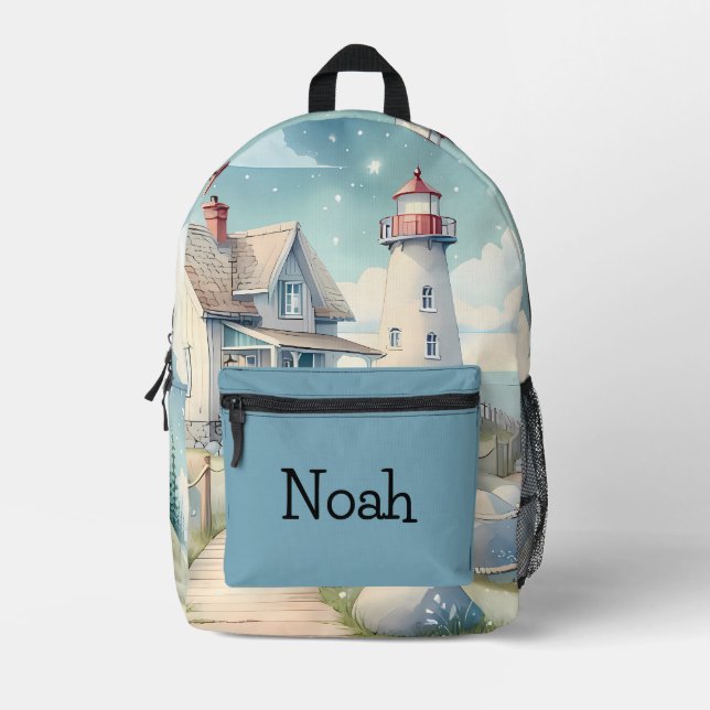 Dreamy Pastel Lighthouse by the Sea Printed Backpack (Front)