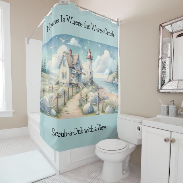 Dreamy Pastel Lighthouse by the Sea Shower Curtain (In Situ)