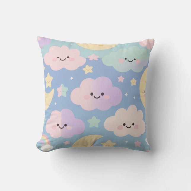 Dreamy Pastel Sky – Cute Cartoon Clouds & Moons Th Cushion (Front)